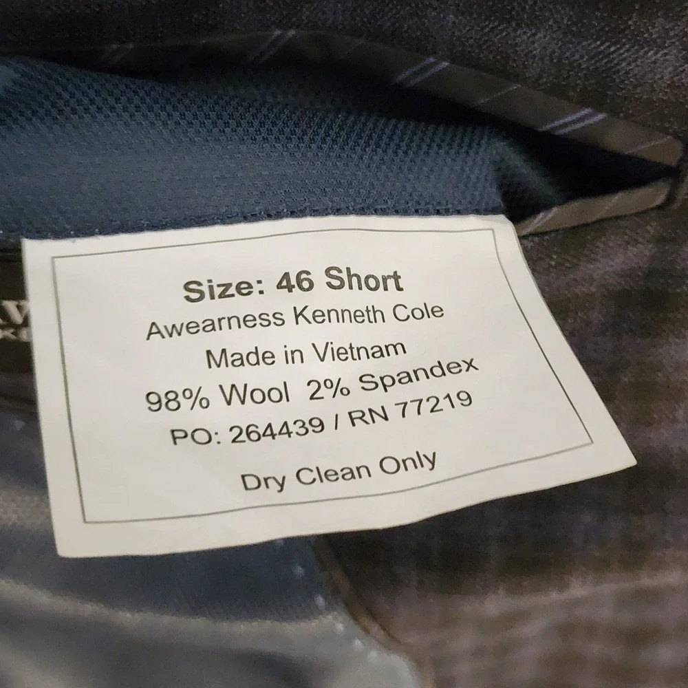 Kenneth Cole Awareness Slim Fit Wool Blazer Mens 46S Blue Check Preppy Office